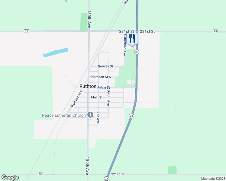map of restaurants, bars, coffee shops, grocery stores, and more near 521 Aetna Street in Ruthton