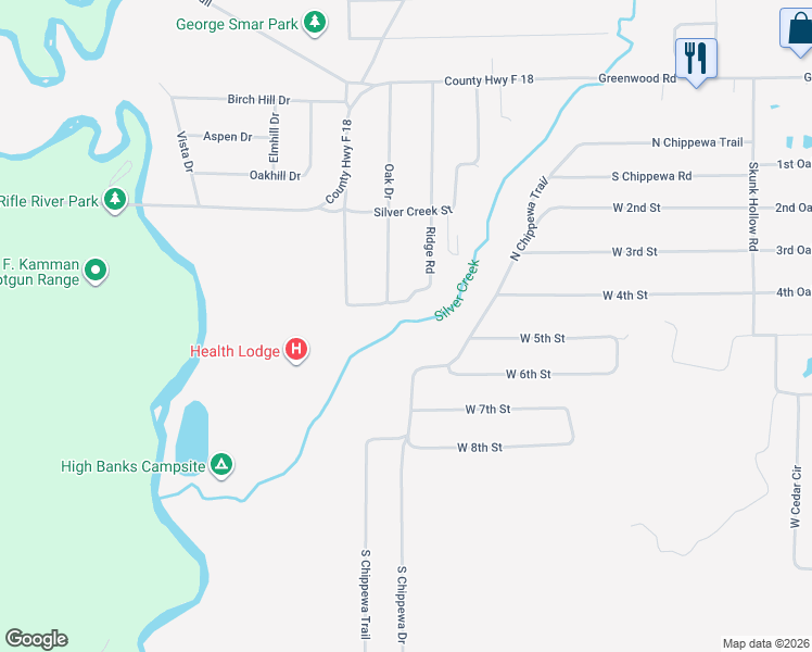 map of restaurants, bars, coffee shops, grocery stores, and more near 5666 North Chippewa Trail in Prescott
