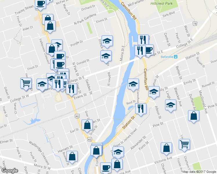 map of restaurants, bars, coffee shops, grocery stores, and more near 41 Baldwin Street in Belleville