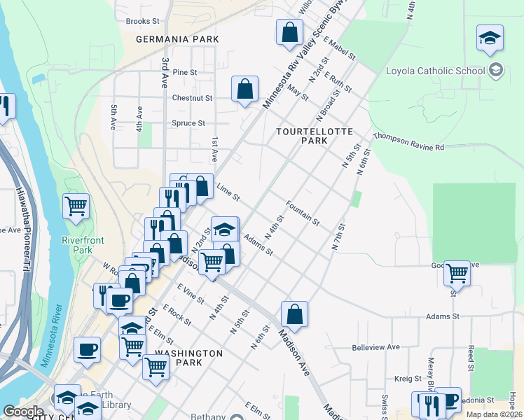 map of restaurants, bars, coffee shops, grocery stores, and more near 1203 North Broad Street in Mankato