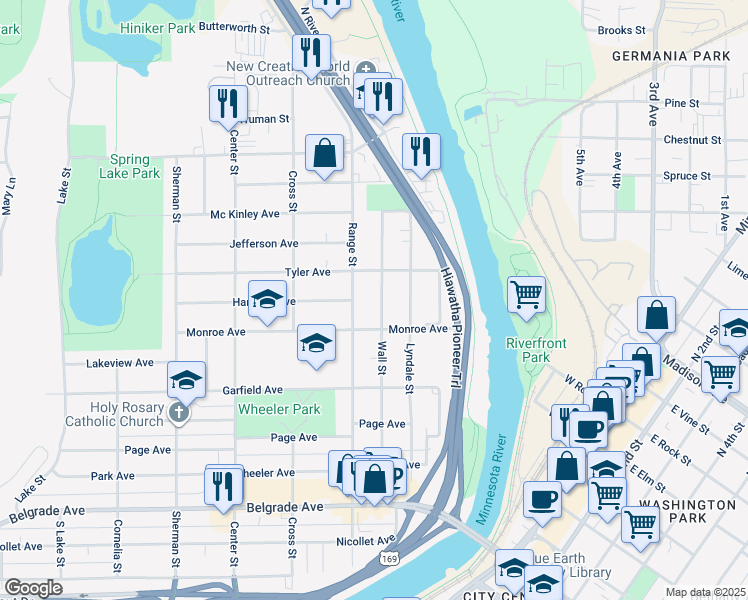 map of restaurants, bars, coffee shops, grocery stores, and more near 825 Wall Street in North Mankato