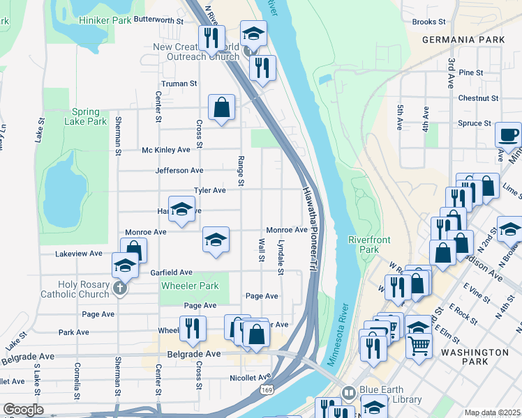 map of restaurants, bars, coffee shops, grocery stores, and more near 825 Wall Street in North Mankato