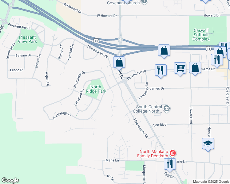 map of restaurants, bars, coffee shops, grocery stores, and more near 1627 North Ridge Lane in North Mankato