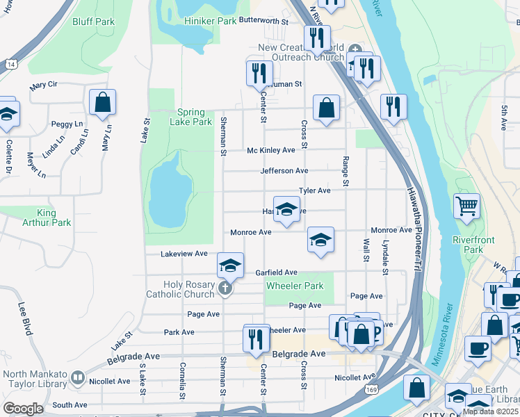 map of restaurants, bars, coffee shops, grocery stores, and more near 821 Center Street in North Mankato