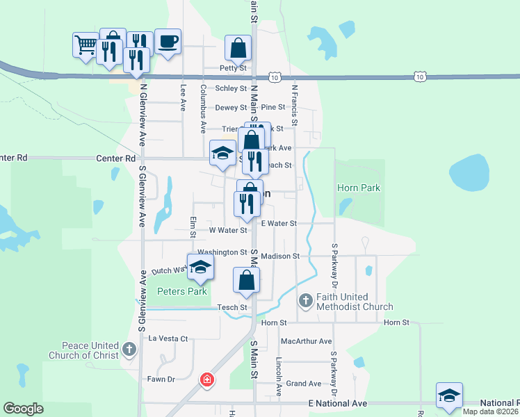map of restaurants, bars, coffee shops, grocery stores, and more near 106 South Main Street in Brillion