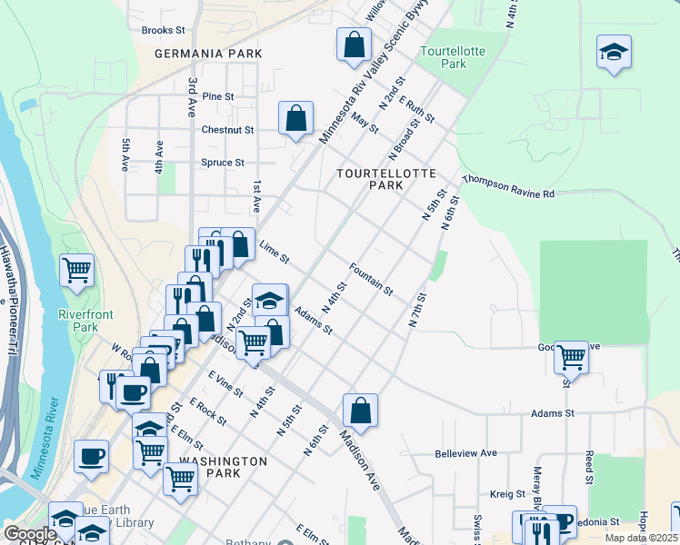 map of restaurants, bars, coffee shops, grocery stores, and more near 1220 North 4th Street in Mankato