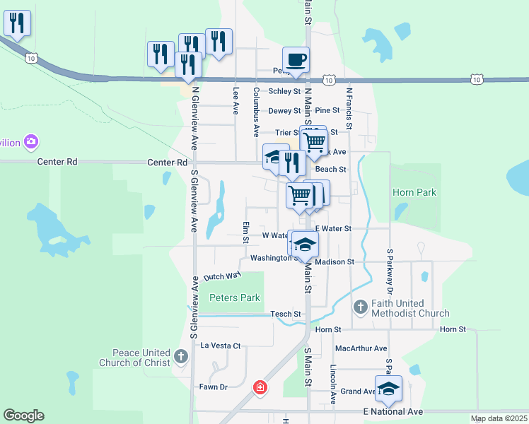 map of restaurants, bars, coffee shops, grocery stores, and more near 121 South Custer Street in Brillion