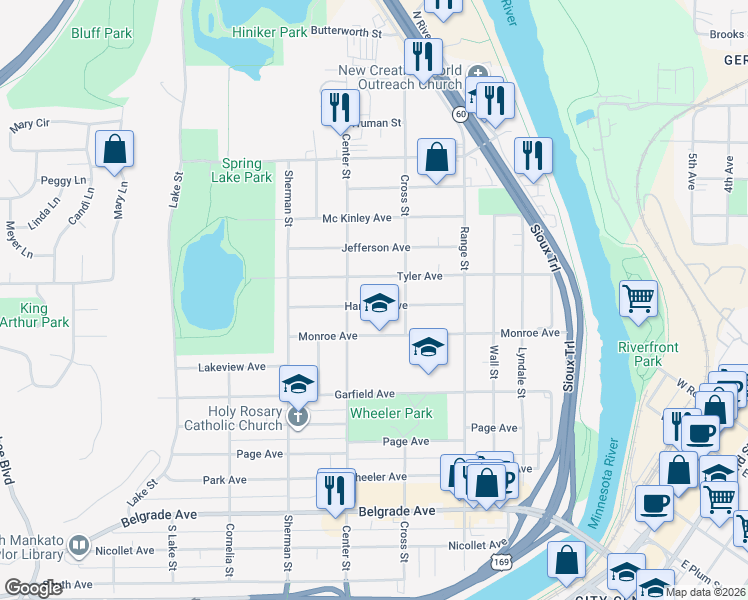 map of restaurants, bars, coffee shops, grocery stores, and more near 430 Harrison Avenue in North Mankato