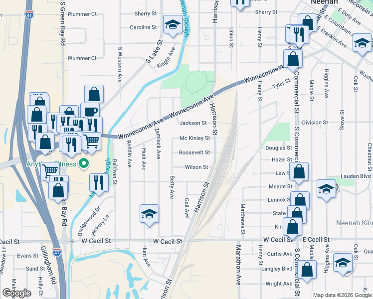 map of restaurants, bars, coffee shops, grocery stores, and more near 643 Roosevelt Street in Neenah
