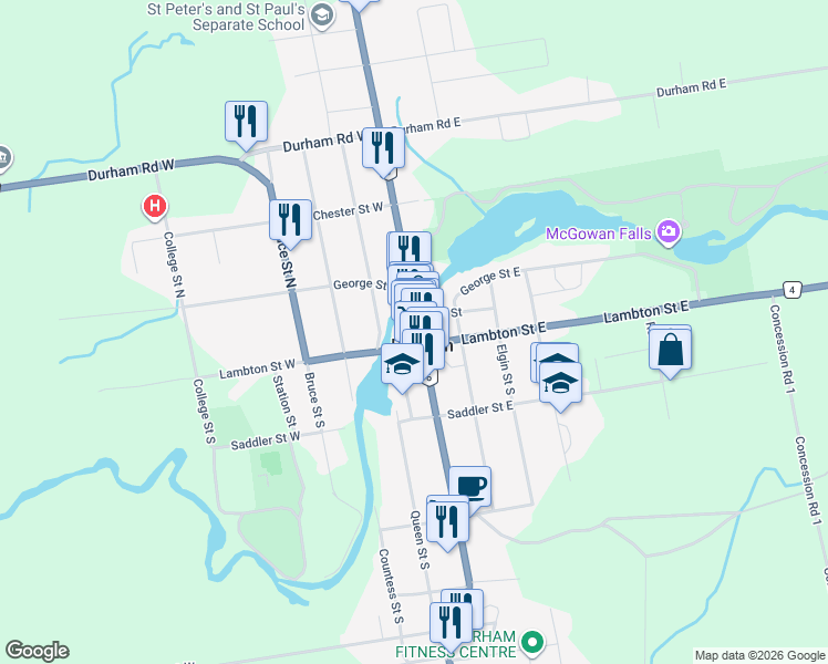 map of restaurants, bars, coffee shops, grocery stores, and more near 124 Garafraxa Street North in Durham