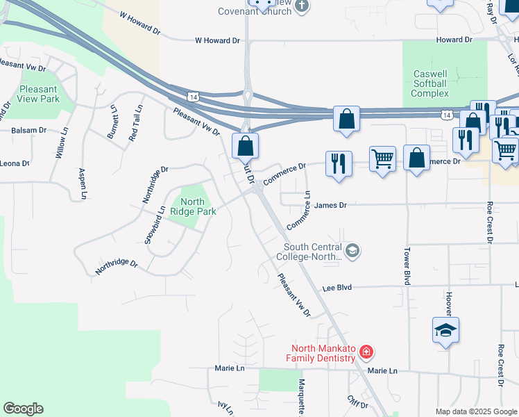 map of restaurants, bars, coffee shops, grocery stores, and more near 1652 Pleasant View Drive in North Mankato