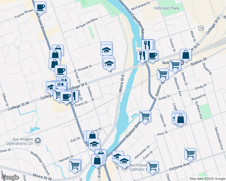 map of restaurants, bars, coffee shops, grocery stores, and more near 41 Baldwin Street in Belleville