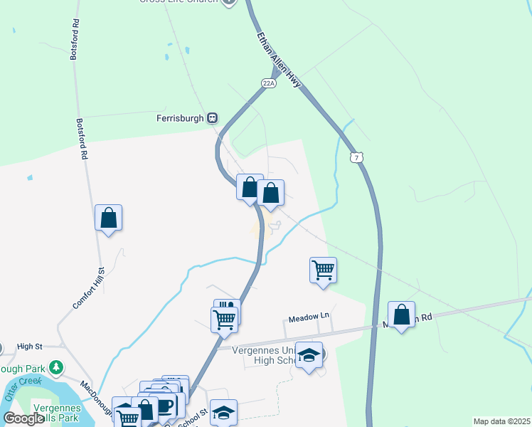 map of restaurants, bars, coffee shops, grocery stores, and more near 13 North Main Street in Vergennes