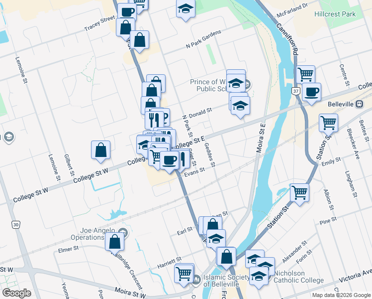 map of restaurants, bars, coffee shops, grocery stores, and more near 25 College Street East in Belleville