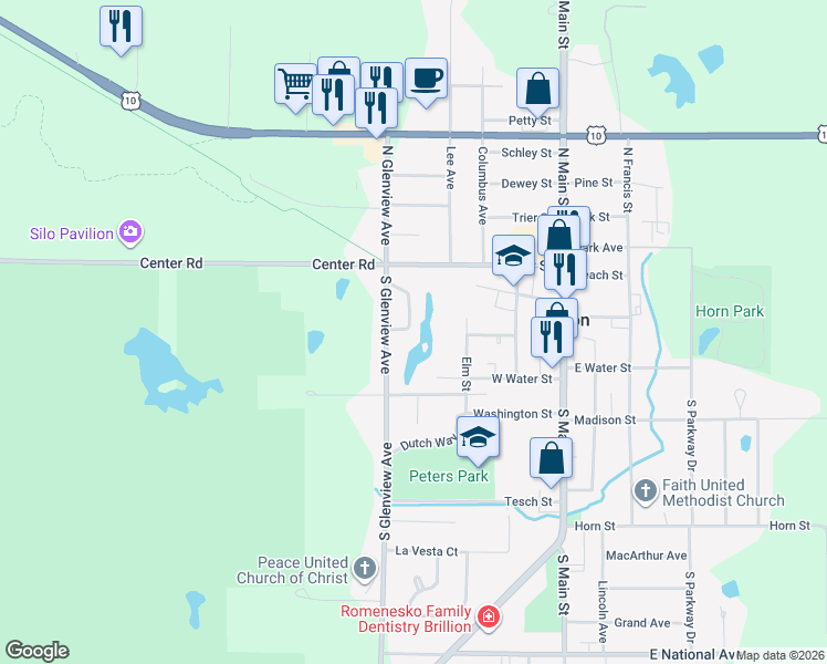 map of restaurants, bars, coffee shops, grocery stores, and more near 26 Circle Drive in Brillion