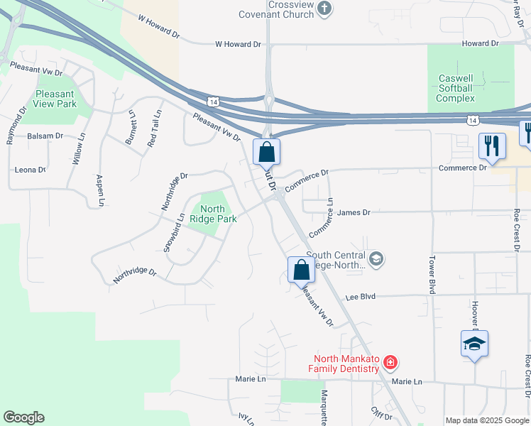 map of restaurants, bars, coffee shops, grocery stores, and more near 1627 North Ridge Lane in North Mankato