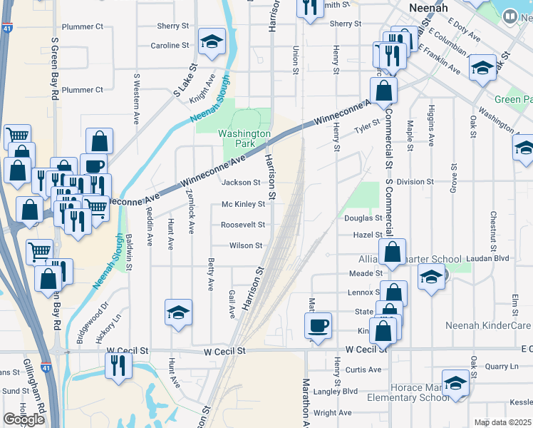 map of restaurants, bars, coffee shops, grocery stores, and more near 615 Roosevelt Street in Neenah