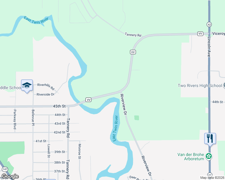 map of restaurants, bars, coffee shops, grocery stores, and more near 4804 County Highway VV in Two Rivers