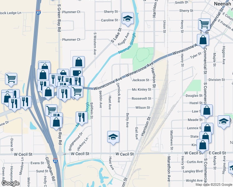 map of restaurants, bars, coffee shops, grocery stores, and more near 836 Hunt Avenue in Neenah