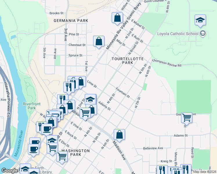 map of restaurants, bars, coffee shops, grocery stores, and more near 1203 North Broad Street in Mankato