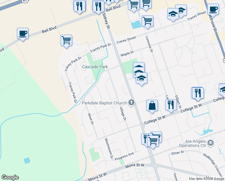map of restaurants, bars, coffee shops, grocery stores, and more near 74 Village Drive in Belleville