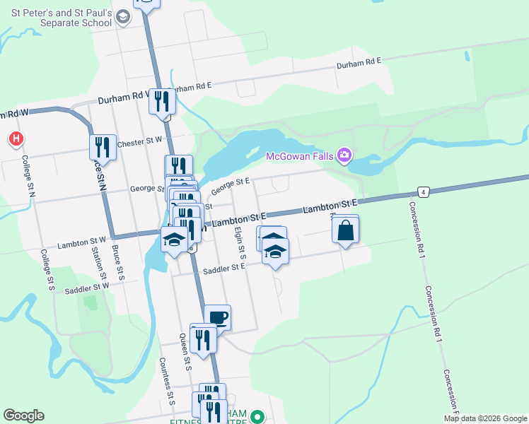 map of restaurants, bars, coffee shops, grocery stores, and more near 402 Lambton Street East in Durham