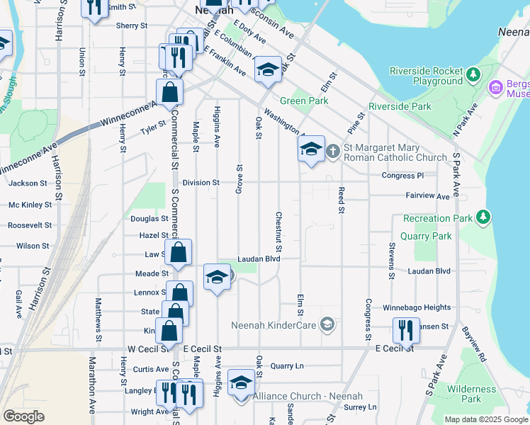 map of restaurants, bars, coffee shops, grocery stores, and more near 652 Oak Street in Neenah