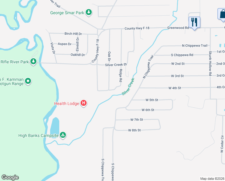 map of restaurants, bars, coffee shops, grocery stores, and more near 5666 North Chippewa Trail in Prescott