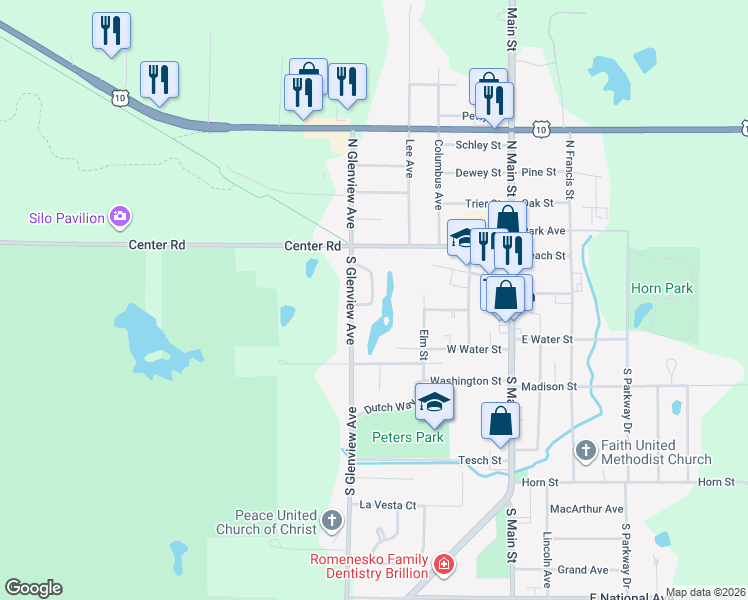 map of restaurants, bars, coffee shops, grocery stores, and more near 26 Circle Drive in Brillion