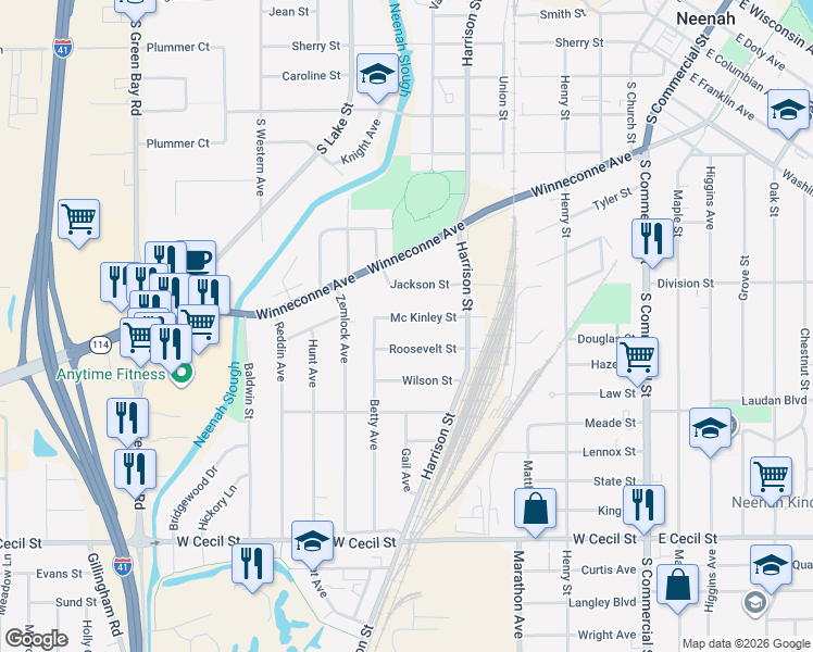map of restaurants, bars, coffee shops, grocery stores, and more near 643 Roosevelt Street in Neenah