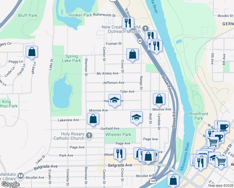 map of restaurants, bars, coffee shops, grocery stores, and more near 430 Harrison Avenue in North Mankato
