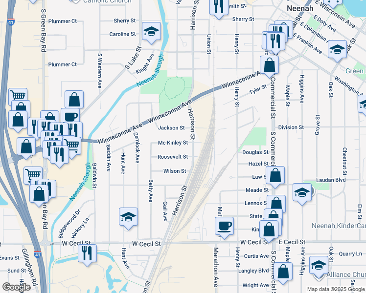 map of restaurants, bars, coffee shops, grocery stores, and more near 615 Roosevelt Street in Neenah