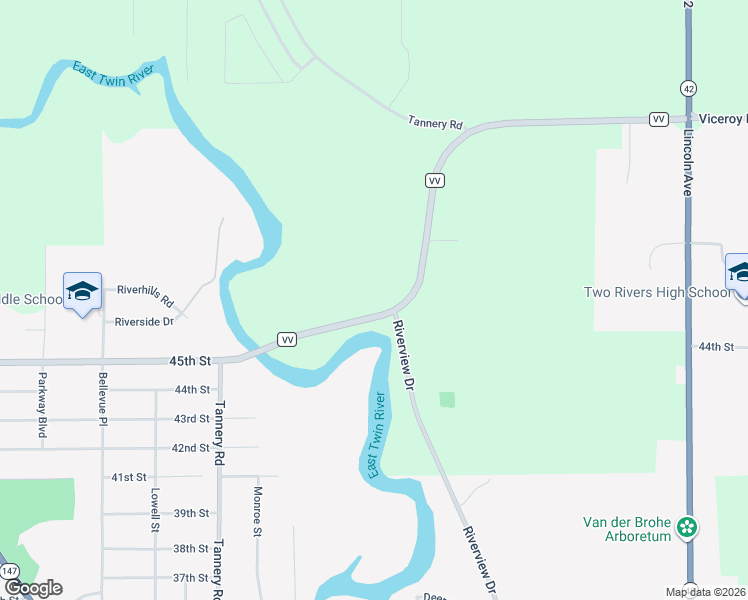 map of restaurants, bars, coffee shops, grocery stores, and more near 4804 County Highway VV in Two Rivers