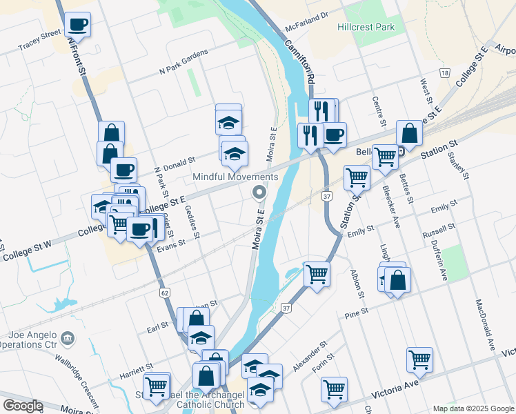 map of restaurants, bars, coffee shops, grocery stores, and more near 160 Moira Street East in Belleville