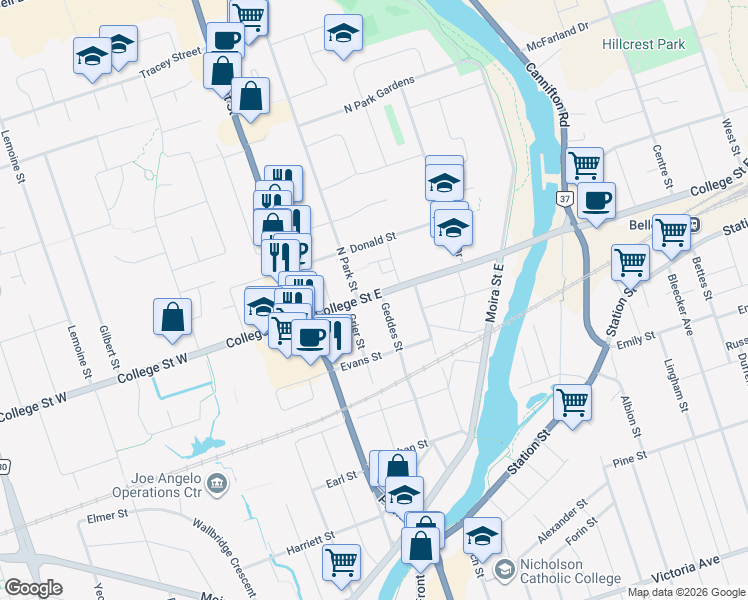 map of restaurants, bars, coffee shops, grocery stores, and more near 45 College Street East in Belleville