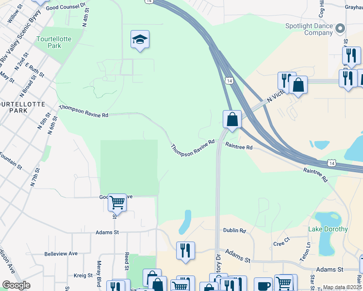 map of restaurants, bars, coffee shops, grocery stores, and more near 1033 Thompson Ravine Road in Mankato