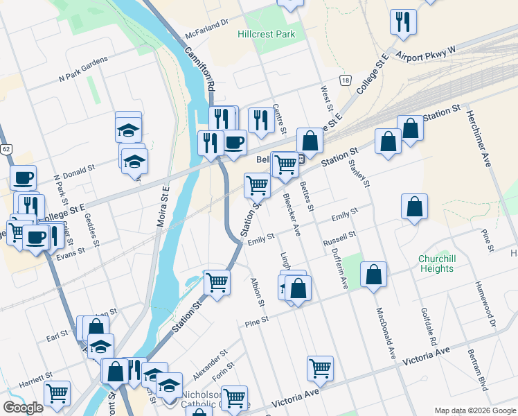 map of restaurants, bars, coffee shops, grocery stores, and more near 201 Station Street in Belleville