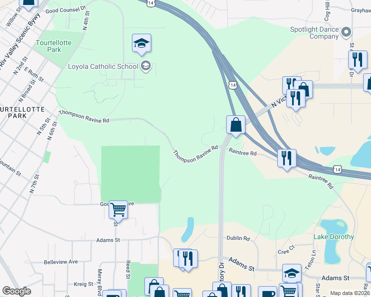 map of restaurants, bars, coffee shops, grocery stores, and more near 1033 Thompson Ravine Road in Mankato