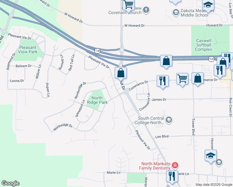 map of restaurants, bars, coffee shops, grocery stores, and more near 1708 Pleasant View Drive in North Mankato