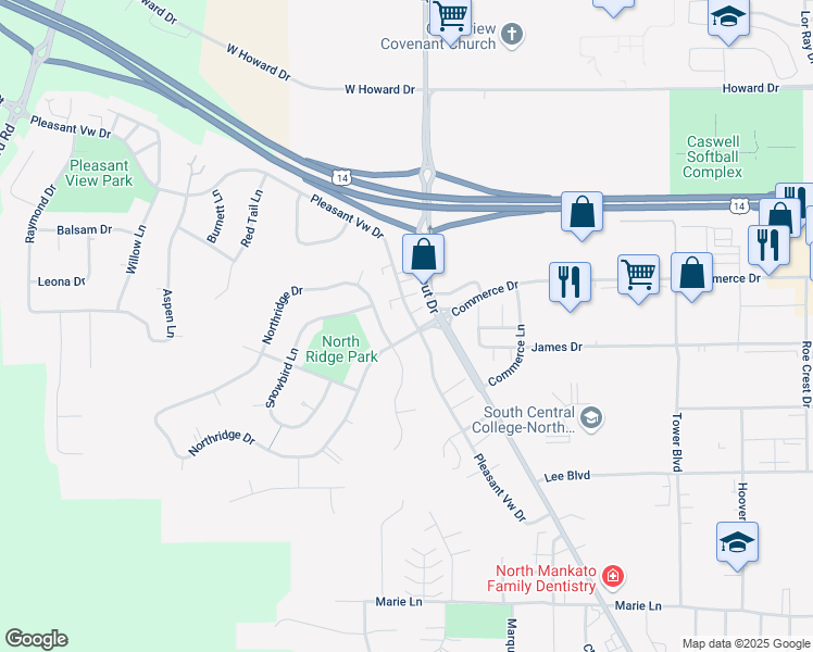 map of restaurants, bars, coffee shops, grocery stores, and more near 1708 Pleasant View Drive in North Mankato