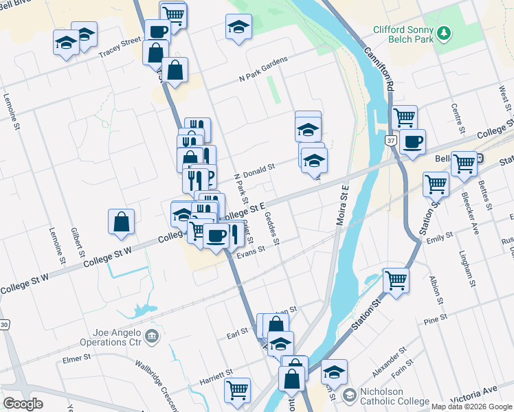map of restaurants, bars, coffee shops, grocery stores, and more near 40 College Street East in Belleville