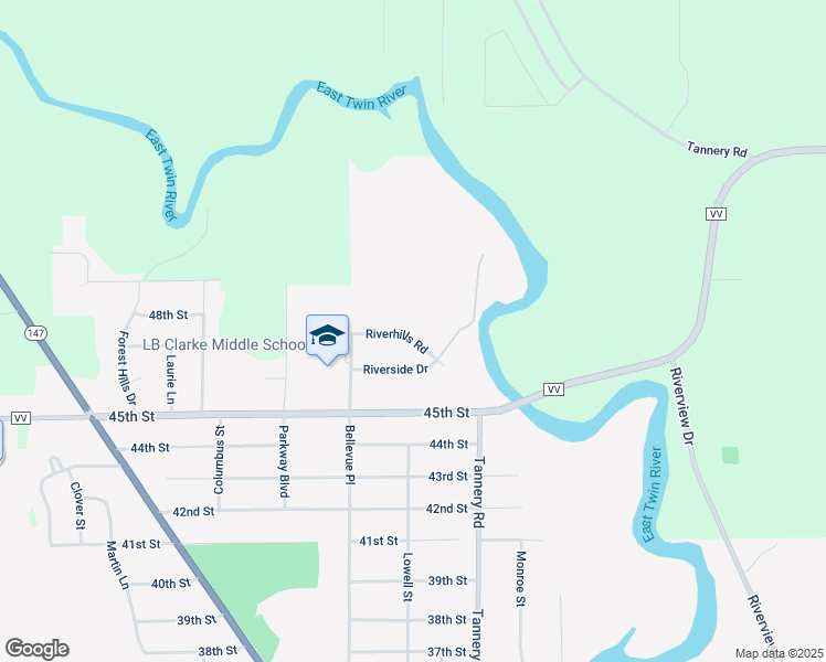 map of restaurants, bars, coffee shops, grocery stores, and more near 2524 Riverhills Road in Two Rivers