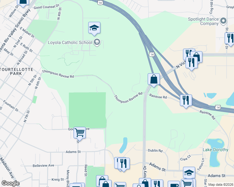 map of restaurants, bars, coffee shops, grocery stores, and more near 1033 Thompson Ravine Road in Mankato