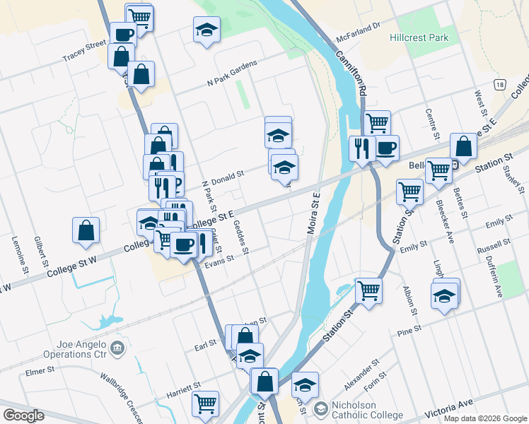 map of restaurants, bars, coffee shops, grocery stores, and more near 81 College Street East in Belleville
