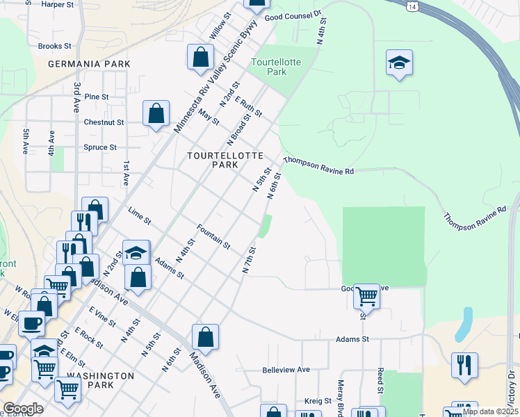 map of restaurants, bars, coffee shops, grocery stores, and more near 1428 North 6th Street in Mankato