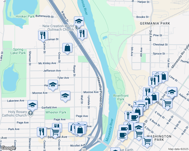 map of restaurants, bars, coffee shops, grocery stores, and more near 112 Tyler Avenue in North Mankato