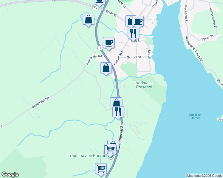 map of restaurants, bars, coffee shops, grocery stores, and more near 337 Commercial Street in Rockport