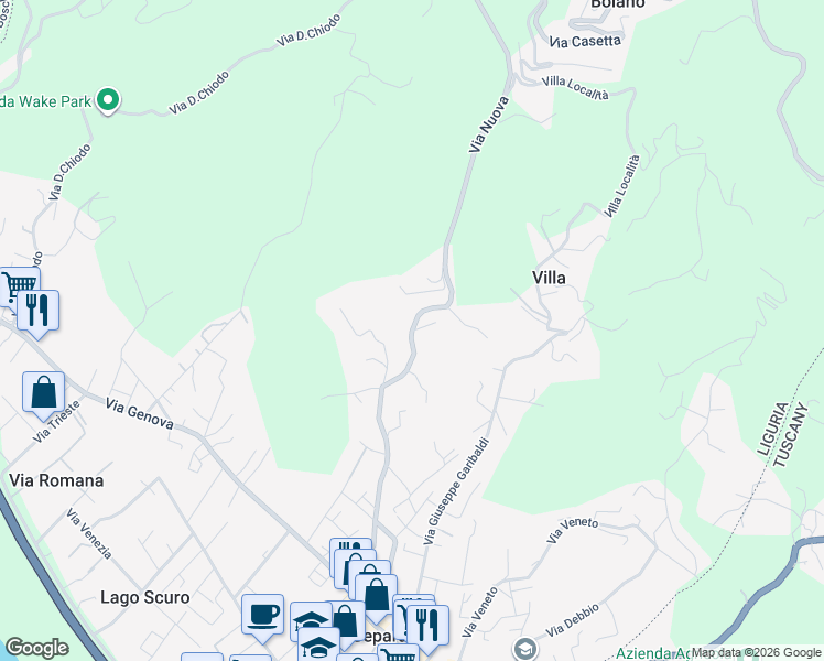 map of restaurants, bars, coffee shops, grocery stores, and more near Via Tassonara in Ceparana