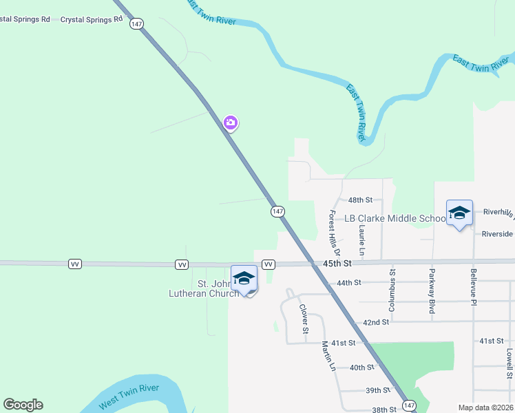 map of restaurants, bars, coffee shops, grocery stores, and more near 3311 Whistle Lane in Two Rivers