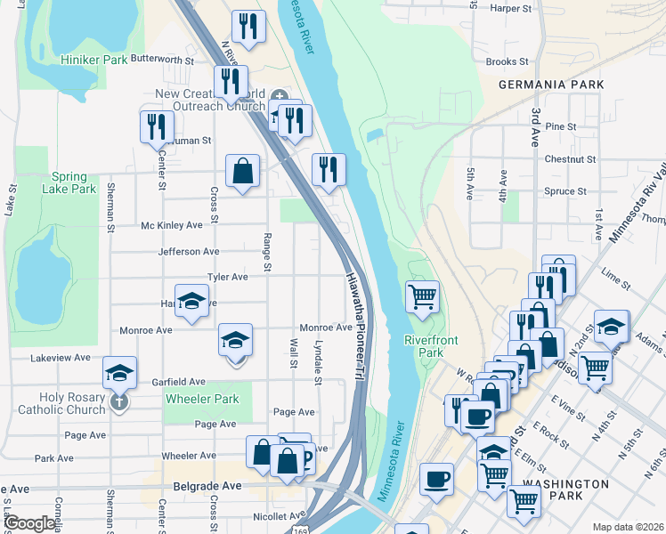 map of restaurants, bars, coffee shops, grocery stores, and more near 112 Tyler Avenue in North Mankato